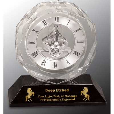 5 3/4" Clear Crystal Clock on Black Pedestal Base Crystal Award