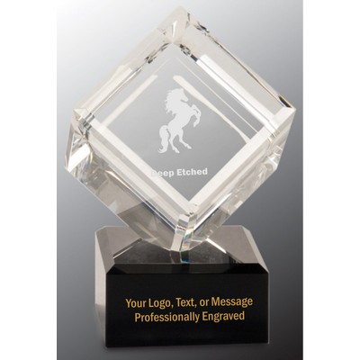 6" Clear Crystal Cube Award on Black Pedestal Base