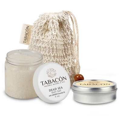 Loofah Bag Self Care Set with Bath Salts and Candle, Sewn-in Tag