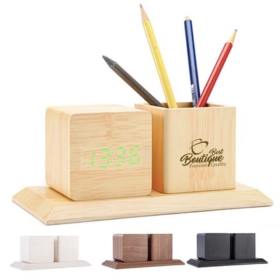 Voice-Activated LED Pen Holder Clock - Wooden Desktop Organizer