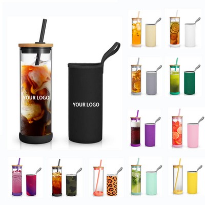 24 oz Glass Tumbler With Straw And Bamboo Water Bottle