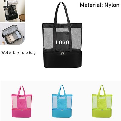 2-in-1 Waterproof Nylon Mesh Wet/Dry Beach Tote Bag & Cooler