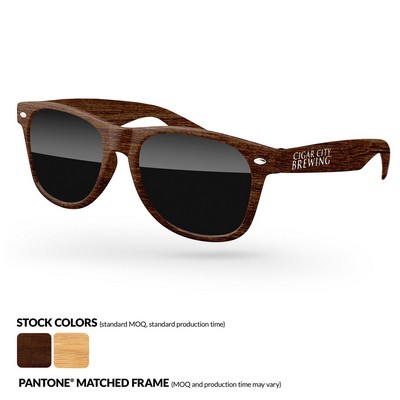 Faux-Wood Retro Sunglasses W/ 1 Color Temple Imprint