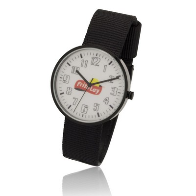 1.55 Inches Round Screen Watch with Polished Black Case, Black Nylon & Leather Straps.