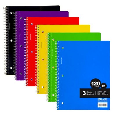 3 Subject Spiral Notebooks - Wide Ruled, 120 Sheets, 6 Colors (Case of