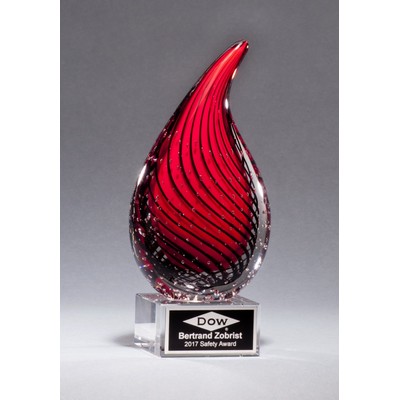 Red Droplet-Shaped Art Glass Award with Clear Glass Base