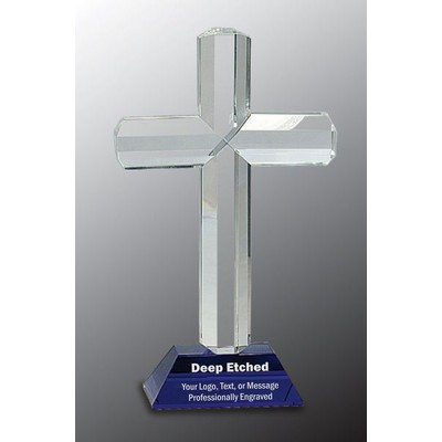 8 1/2" Crystal Cross Award on Blue Pedestal Base