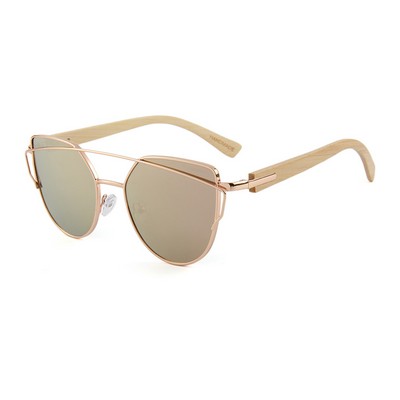 Bamboo Sunglasses - Rose-Pink Mirror Lenses - Gold Frames