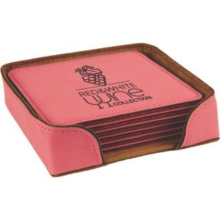 Pink Leatherette Square Coaster Set