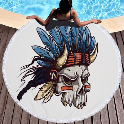 60" Dia Microfiber Skull Round Large Beach Towel for Halloween w/Tassel/Fringe