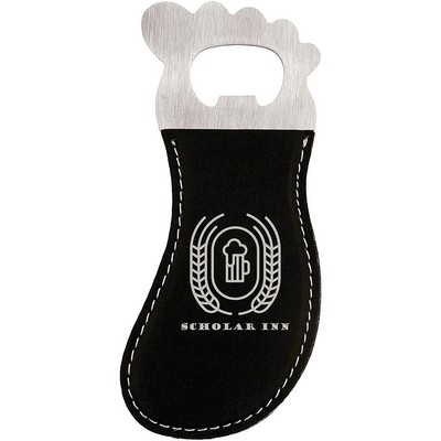 Black-Silver Leatherette Foot-Shaped Bottle Opener with Magnet, Laserable