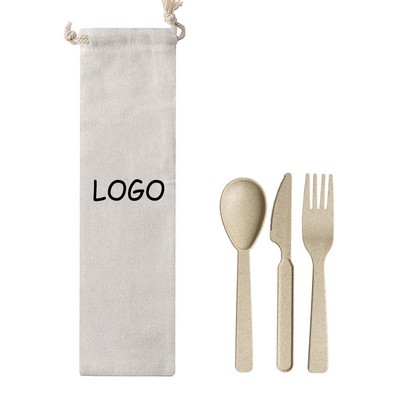 Portable Wheat Straw Tableware Set w/Cotton Bag