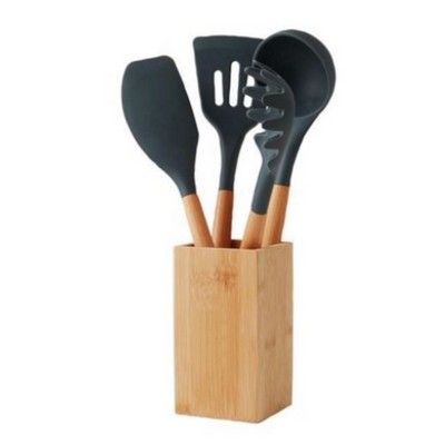 5 Pieces Silicone Utensil Set And Bamboo Holder