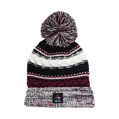 Pom Pom Beanie w/Sewn Woven Patch