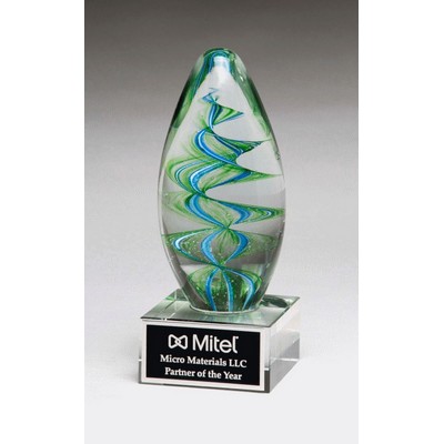 Egg Shaped Art Glass Award Blue & Green Helix Design & Clear Glass Base. (2-5/8 " x 6-1/2 ")