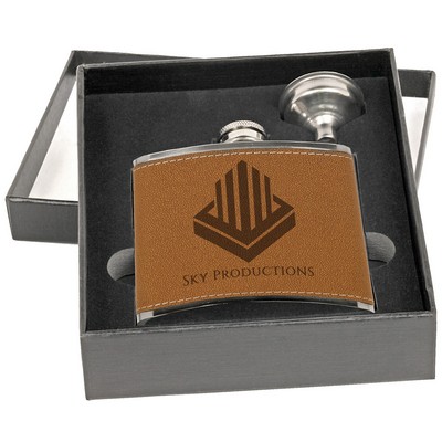 6 oz. Leather Flask Set in Black Presentation Box