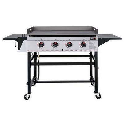 Keg Products Black/Silver Open Cart 4-Burner Gas Griddle w/Fixed Side Tables