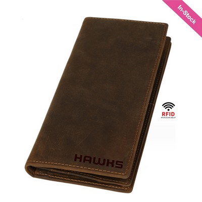 Crazy Horse Leather Long Wallet Bifold RFID Blocking