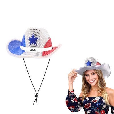 Red White And Blue Sequin Cowboy Hat With Led Brim