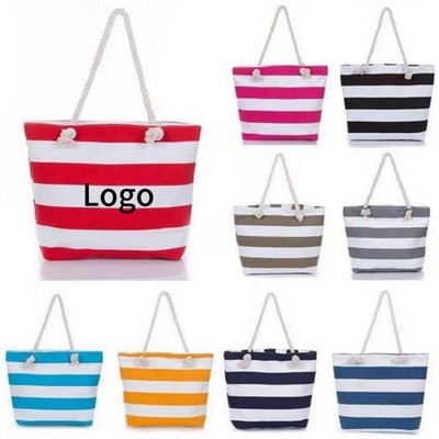 Large Striped Canvas Beach Tote Bag