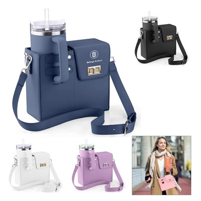 Crossbody Leather Water Cup Storage Bag with Adjustable Shoulder Strap