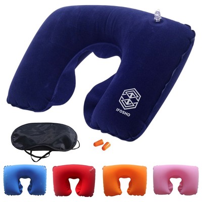 Inflatable Headrest Soft U Shaped Pillow Eye Mask Ear Plug Travel Set