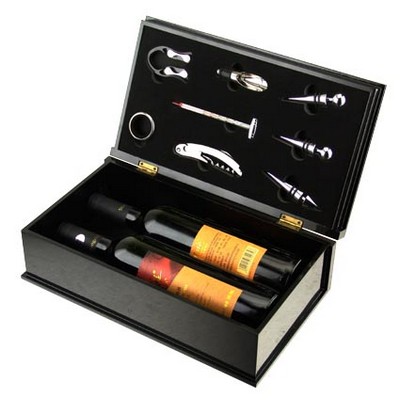 Wine Accessories 8 Piece Gift Set in Black Shiny Wooden Box