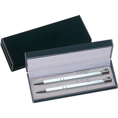 JJ Series Pen and Pencil Gift Set in Black Velvet Gift Box - Silver pen and pencil