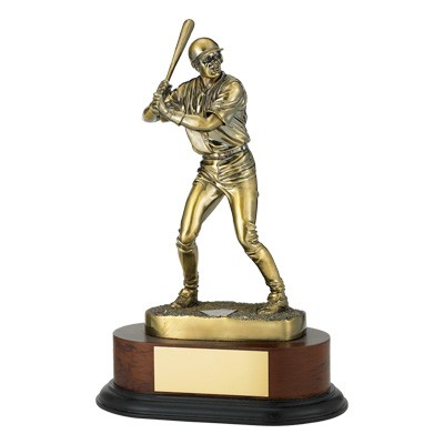 11 ¾" Electroplated Antique Brass Baseball Trophy on Wood Base