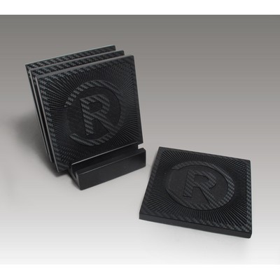 4-Pc Square Carbon Fiber-Textured Coaster Set w/Base