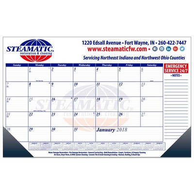 17" x 11" 13 month desk pad calendar one color form, two color art with Vinyl corners.