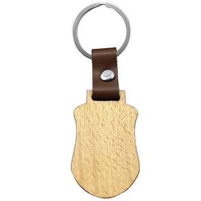 Badge Wood Keychain w/ Leather Strap