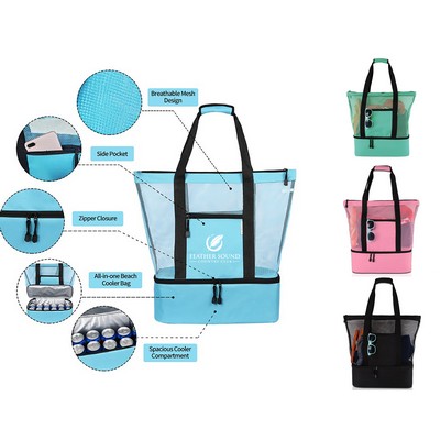 Zipper Mesh Beach Tote Bag w/Cooler