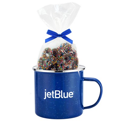 Promo Revolution - 16 Oz. Specked Camping Mug Gift Set w/Milk Chocolate Pretzels w/Rainbow Nonpareil