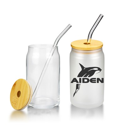 12 Oz Glass Mason Straw Cup With Bamboo Lid