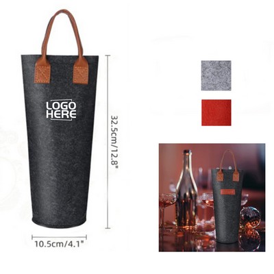 Leather Handle Felt Wine Bottle Bag