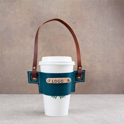 Leather Coffee Cup Sleeve W/Strap