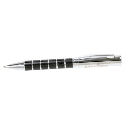 Black Barrel Ballpoint Pen w/Circular Chrome Rings