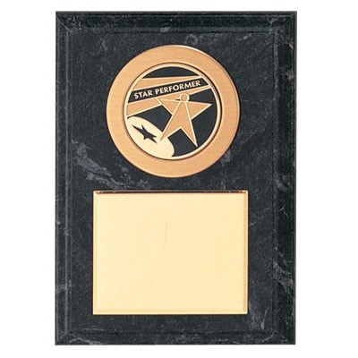 Simulated Black Marble Plaque w/Gold Plate & Round Medallion Holder (5"x7")