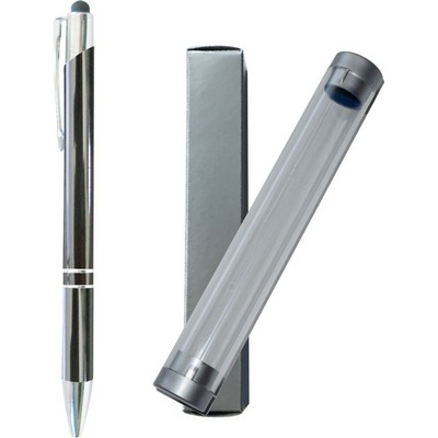 JJ Series Gunmetal Gray Double Ring Pen with Stylus, gunmeta pen, stylus pen, in clear tube gift box