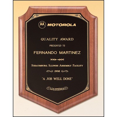 Airflyte® American Walnut Plaque w/Brass Plate, Notched Top Corners & Bottom Point (7"x 8")