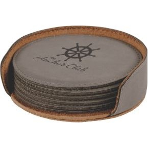 Gray Leatherette Round Coaster Set