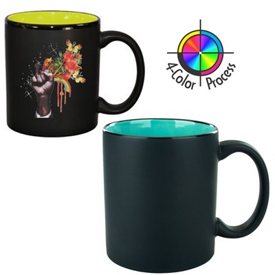 11 Oz. Black Satin/Aqua Sea Foam Green Two-Tone C-Handle Hilo Mug - 4 Color Process