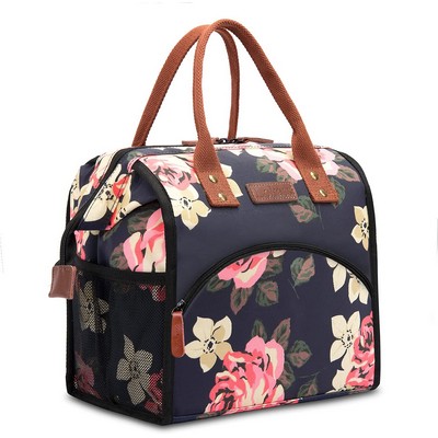 Flower Thermal Insulated Lunch Bag Wide-Open Lunch Tote Bag Large Drinks Holder Durable Nylon