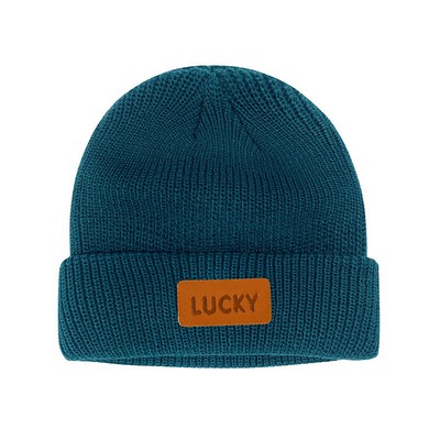 Winter Cuffed Beanie Hats with Leather Patch