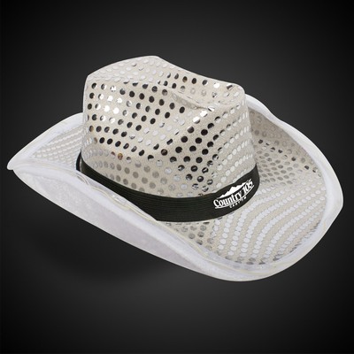 WHITE SEQUIN LED COWBOY HAT(Black Imprinted Band)