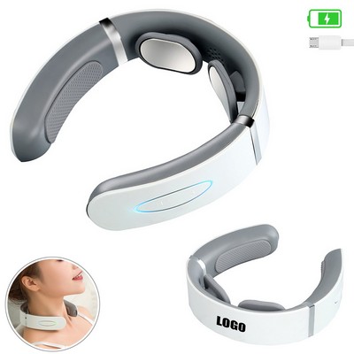 White Rechargeable Neck Massager with Electric Pulse and Magnetic Pads