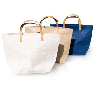 Large Jute Beach Bag Tote with Genuine Leather Handle