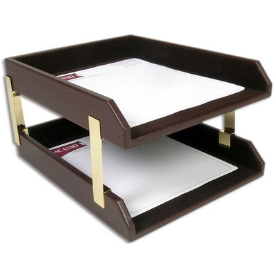 Classic Chocolate Brown Leather Double Front Load Legal Sized Letter Tray w/Gold Post