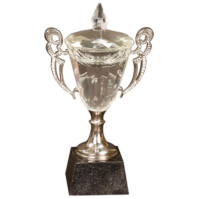 Crystal Trophy Cup Award w/ Lid on Black Marble Base (11 1/4")